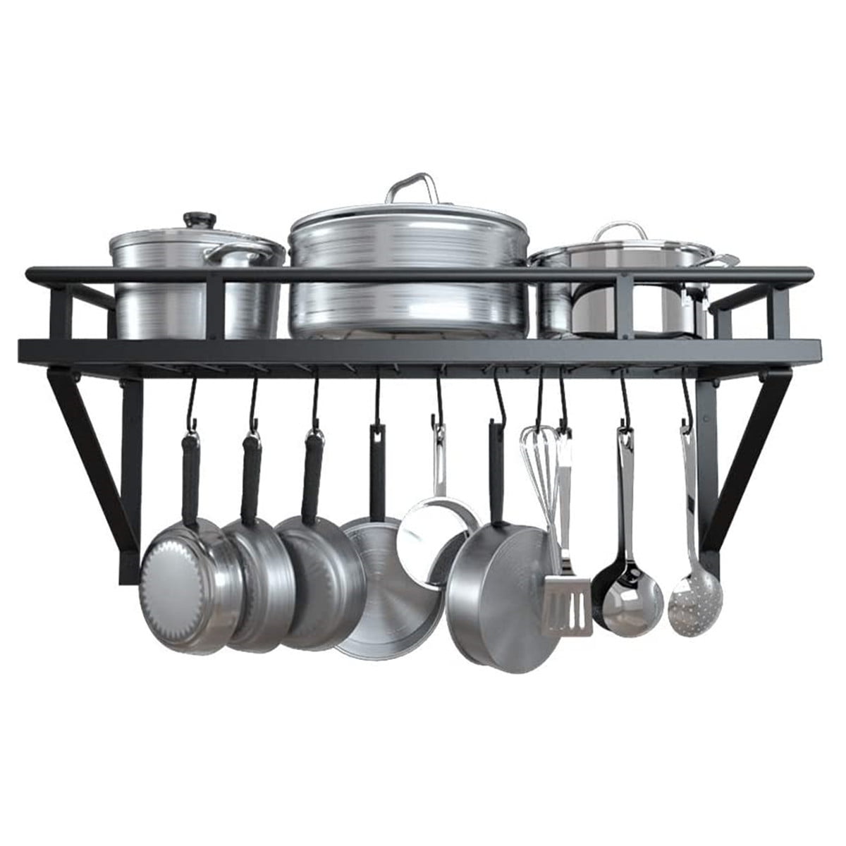 Wall Mount Kitchen Pot Pan Rack Shelf Utensils Cookware Hanger Holder With Hooks 