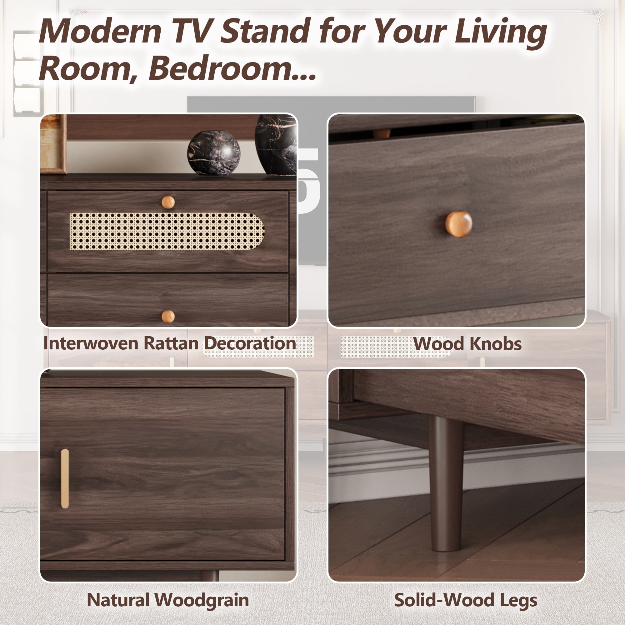 Rattan & Wood TV Stand, Modern Entertainment Center with 2 Large Drawers, 2 Drop-Down and 2 Soft-Closing Doors, Supports 110 Lbs, Dark Brown