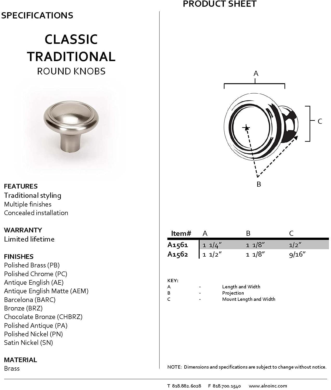 Alno A1561-BRZ Classic Traditional 1-1/4" Cabinet Knob Bronze
