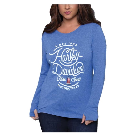 Harley-Davidson Women's Frolic Long Sleeve High-Low Scoop Neck Shirt, Blue (S), Harley Davidson