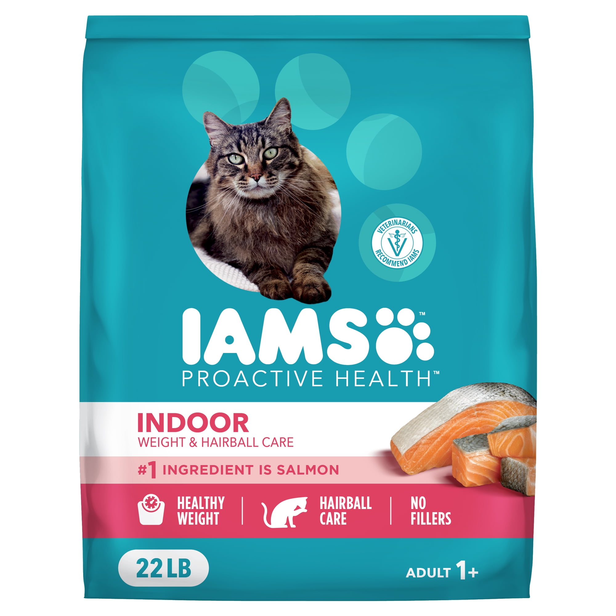 IAMS Proactive Health Indoor Adult Cat Food with Salmon for Weight & Hairball Care, 22 lb