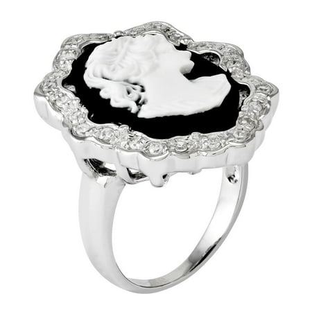 Casio Ring - 925 Sterling Silver Polished CZ, Black Resin & Cameo Ring Size 8