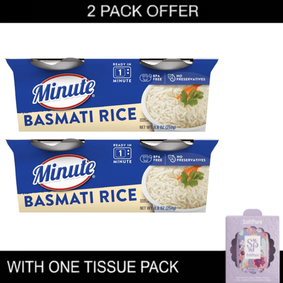 2x Minute Ready-to-Eat Basmati Rice, Microwaveable Rice Cups, 4.4 oz, 2 Count with tissue pack