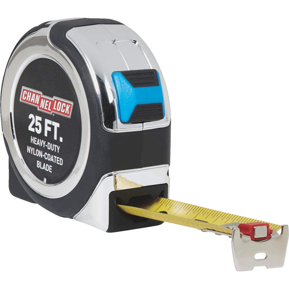 Channellock Professional Tape Measure, 25', Two-Toned, Push-Button Lock, Nylon Blade, Metal Case