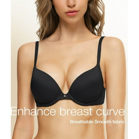 Deyllo Women s Push Up Bra Lightly Padded Plunge Underwire T shirt Bra  Black 38DD