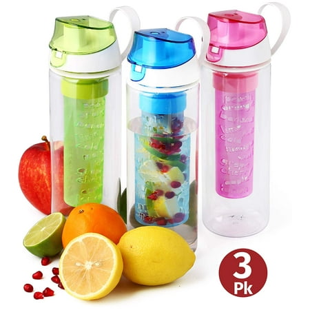 Herevin Fruit Infuser Water Bottle 3 Pack – 25oz Infused Water Bottle- Unique Fun and Healthy Infusion Rod Infuser Bottle for Kids and Adults - Multicolor