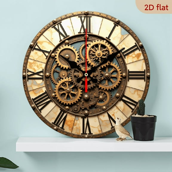 A wall-mounted clock, featuring a steampunk gear theme, with exposed metal gears combined with Roman numerals, exuding a strong vintage industrial style.