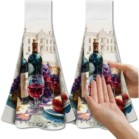 Wine Hanging Kitchen Towels with Loop Set of 2 - Soft Super Absorbent Microfiber Decorative Hanging Dish Hand Towel Tea Coffee Towel for Kitchen Bathroom Oven Handle