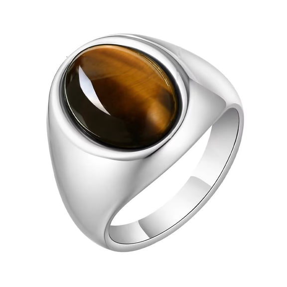 PAMTIER Men's Stainless Steel Classic Simple Oval Gemstone Signet Wedding Ring Brown Size 11