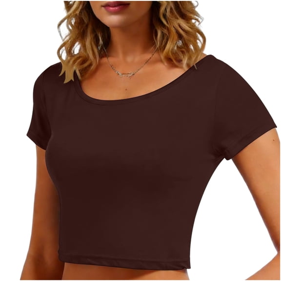 HongQid Women Crewneck Short Sleeve Mini Crop Tops Summer Y2K Slim Fit Cotton T-Shirts