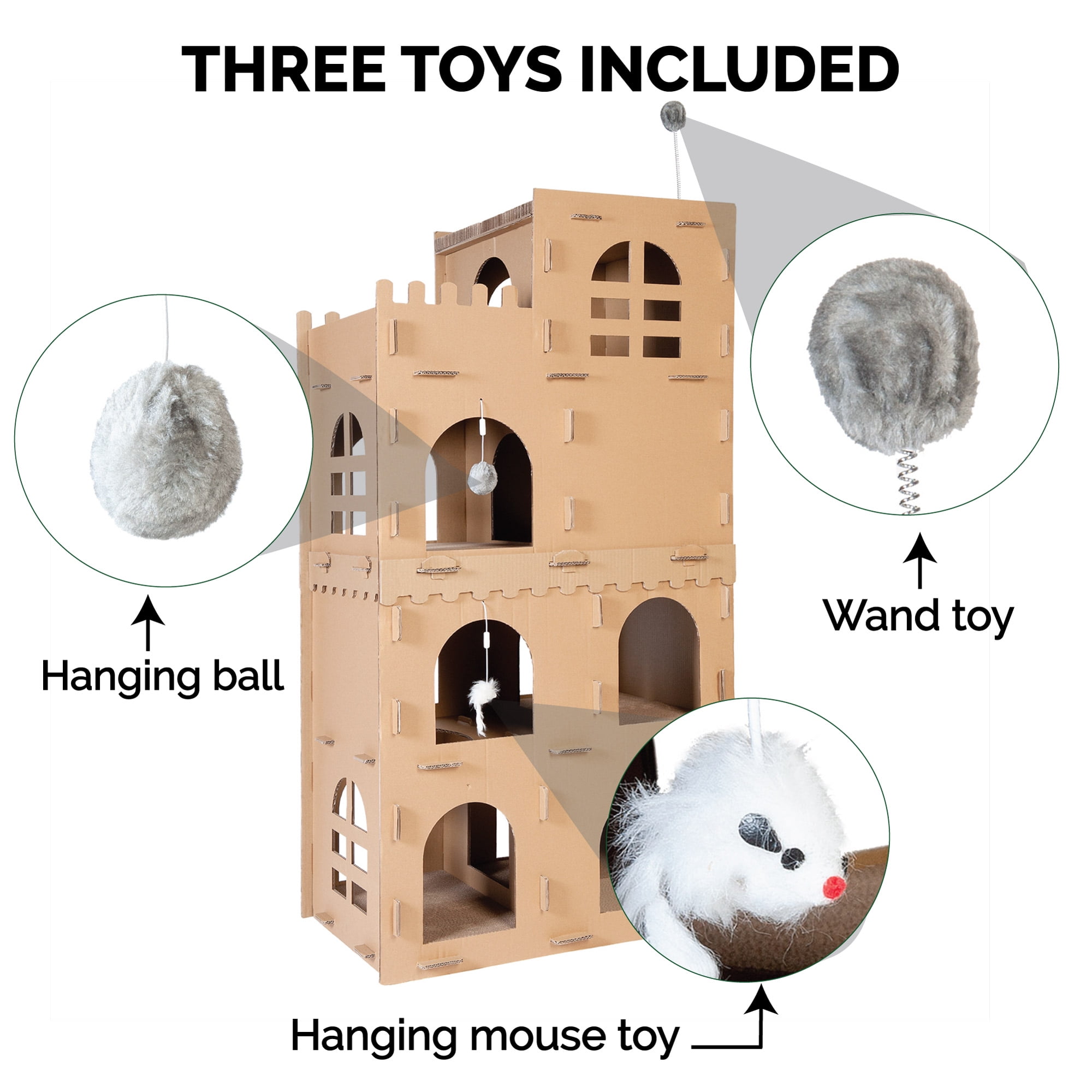 FurHaven Tiger Tough Gingerbread Scratcher House with Hanging Toy & Catnip, 1 Count