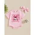 thumbnail image 4 of ESASSALY Baby Girls Summer Casual Romper Short Sleeve O Neck Letter Rugby/Letter Football Print Romper with Headband, 4 of 9