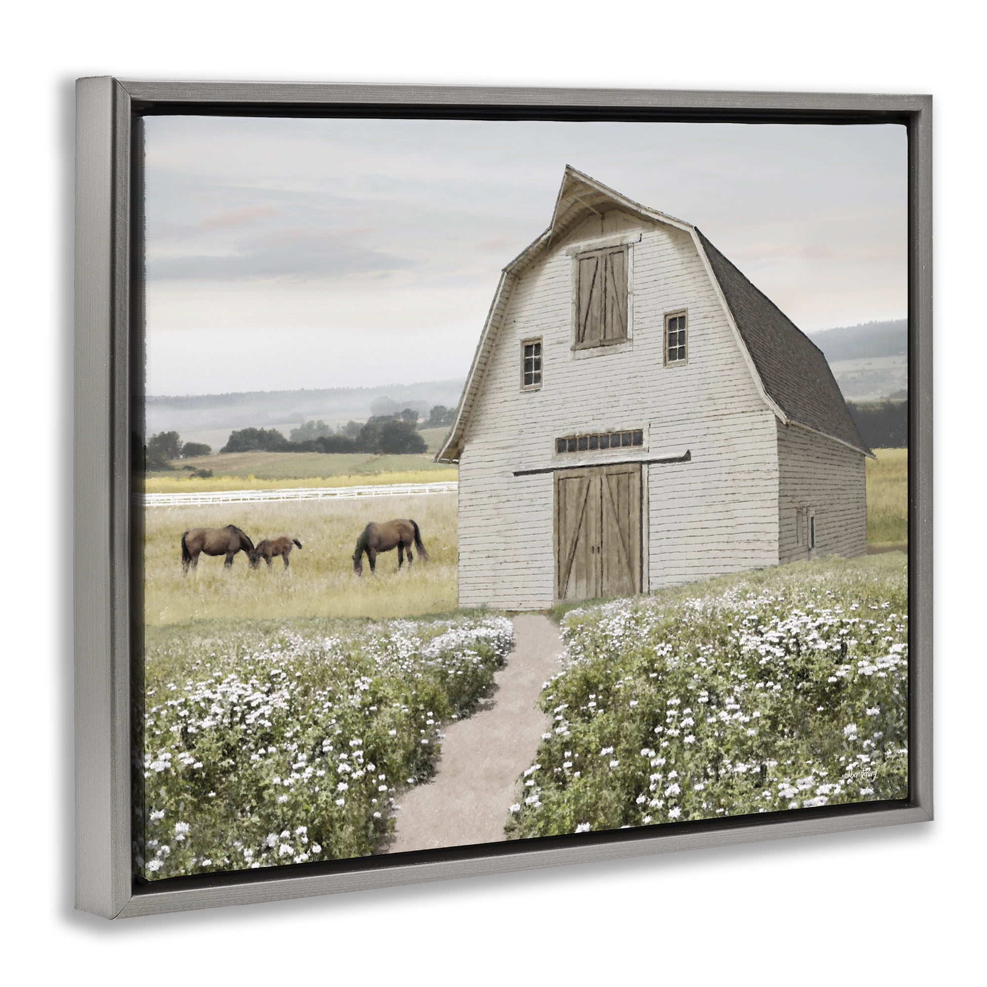 Stupell Industries Charming Path to Barn Landscape & Nature Painting Gray Floater Framed Canvas Art Print Wall Art, 31 x 25