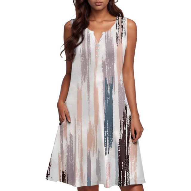 Icvfdpl Robes d'Été pour Femmes, Boho Ample Col en V Sans Manches avec Poches Tenues de Couverture de Bain Confortables Robe Florale pour Femmes,TTG