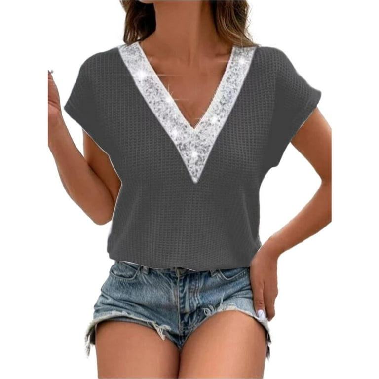 Entyinea Womens Plus Size Tops Casual Loose Silver V Neck Blouses Cap  Sleeve Shirts Gray M