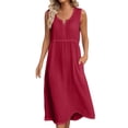 thumbnail image 2 of Nfurl Linen Nightgowns for Women with Pockets Flowy Notch V Neck Sleep Dress Casual Summer Sleeveless House Dresses Ladies Long Nightgown Red,XL, 2 of 4