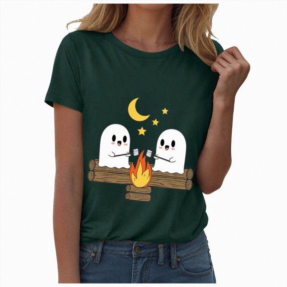 TOWED22 Halloween T Shirt Women Crew Neck Short Sleeve Cute Bow Ghost Graphic T Shirts - Spooky Print Loose Top Funny Fashion Clothes(Dark Green,M)