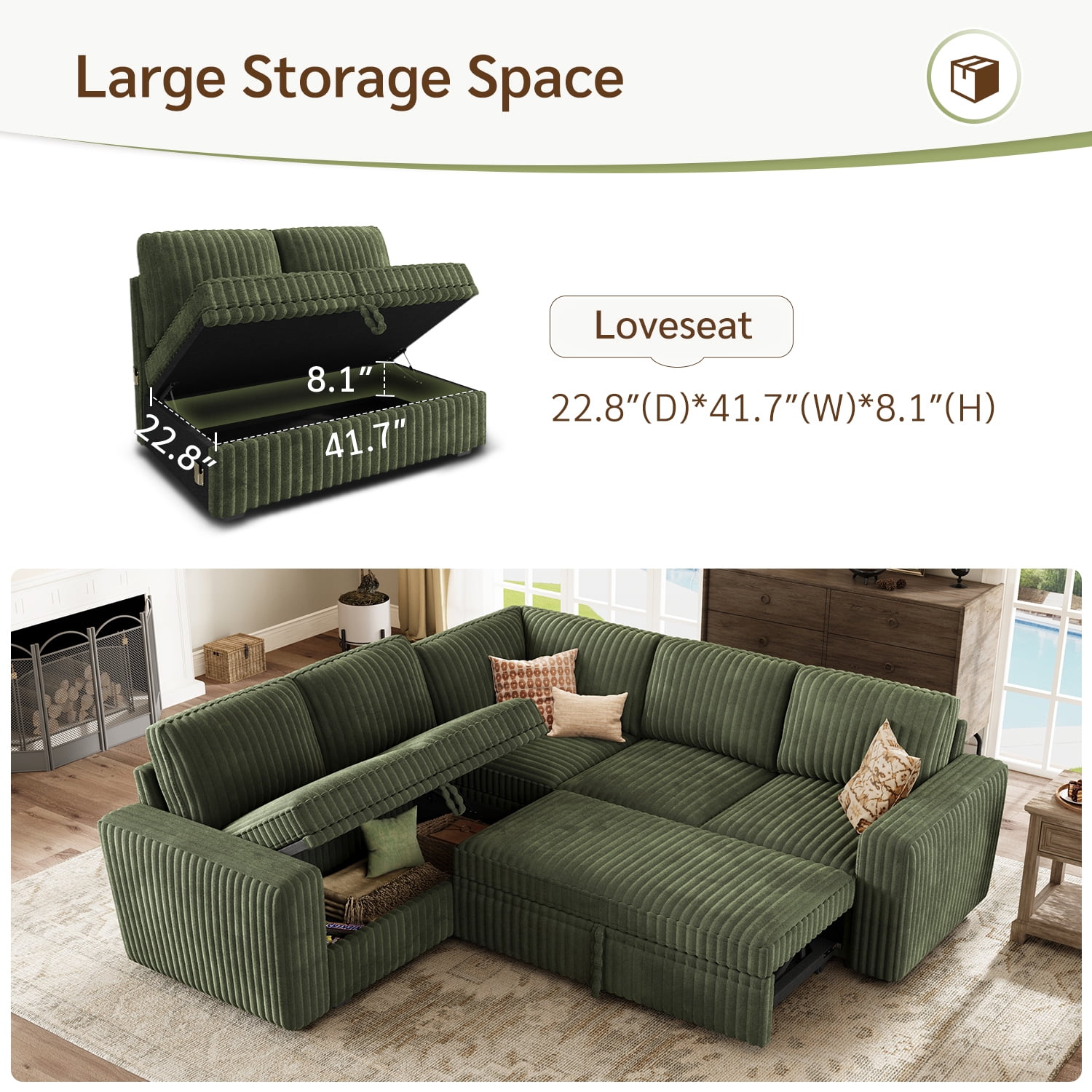 Marrber 84” Convertible Sectional Sleeper Sofa with Pull-Out Sofa Bed, L-Shaped Corner Sofa with Reversible Chaise and Hidden Storage, Pet-friendly Plush Corduroy for Living Room, Green