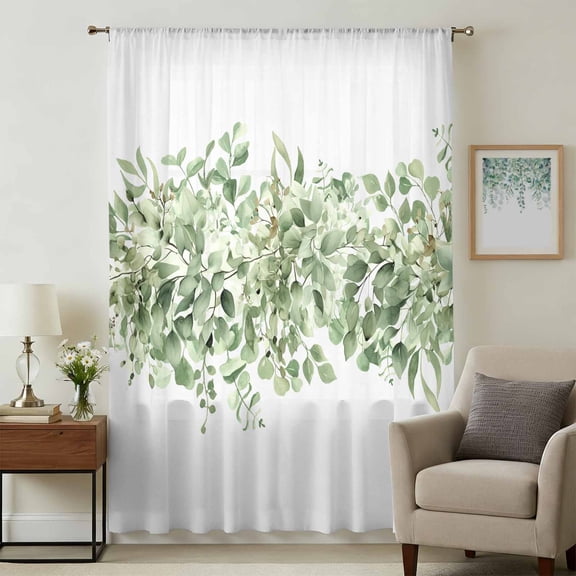 Sage Green Eucalyptus Leaves Sheer Curtains 54 Inches Long, Spring Summer Botanical Floral Light Filering Curtains, Breathable Simi Curtain Privacy Drapes for Kitchen Bathroom Small Window Treatment