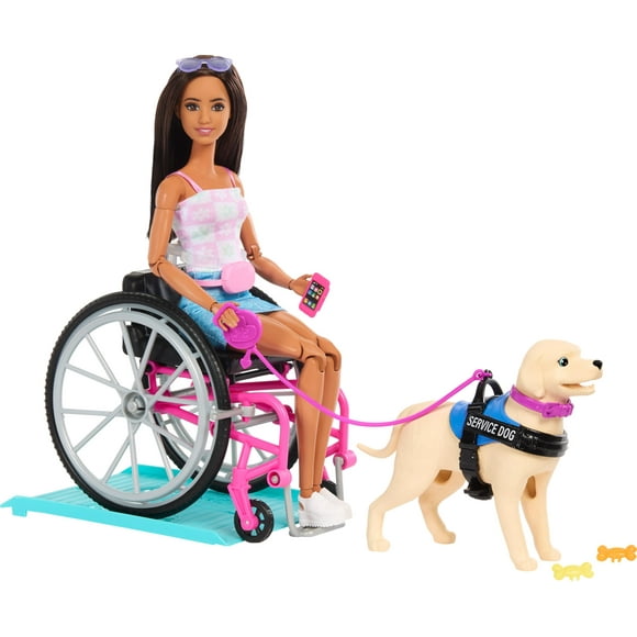 Barbie Doll & Service Dog Playset with Wheelchair, Ramp & Accessories, Brunette Fashion Doll
