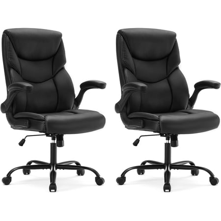 Office Chair Set of 2 - Ergonomic Executive Computer Desk Chairs with Adjustable Flip-up Armrest Swivel Task Lumbar Support Strong Metal Base PU Leather Black