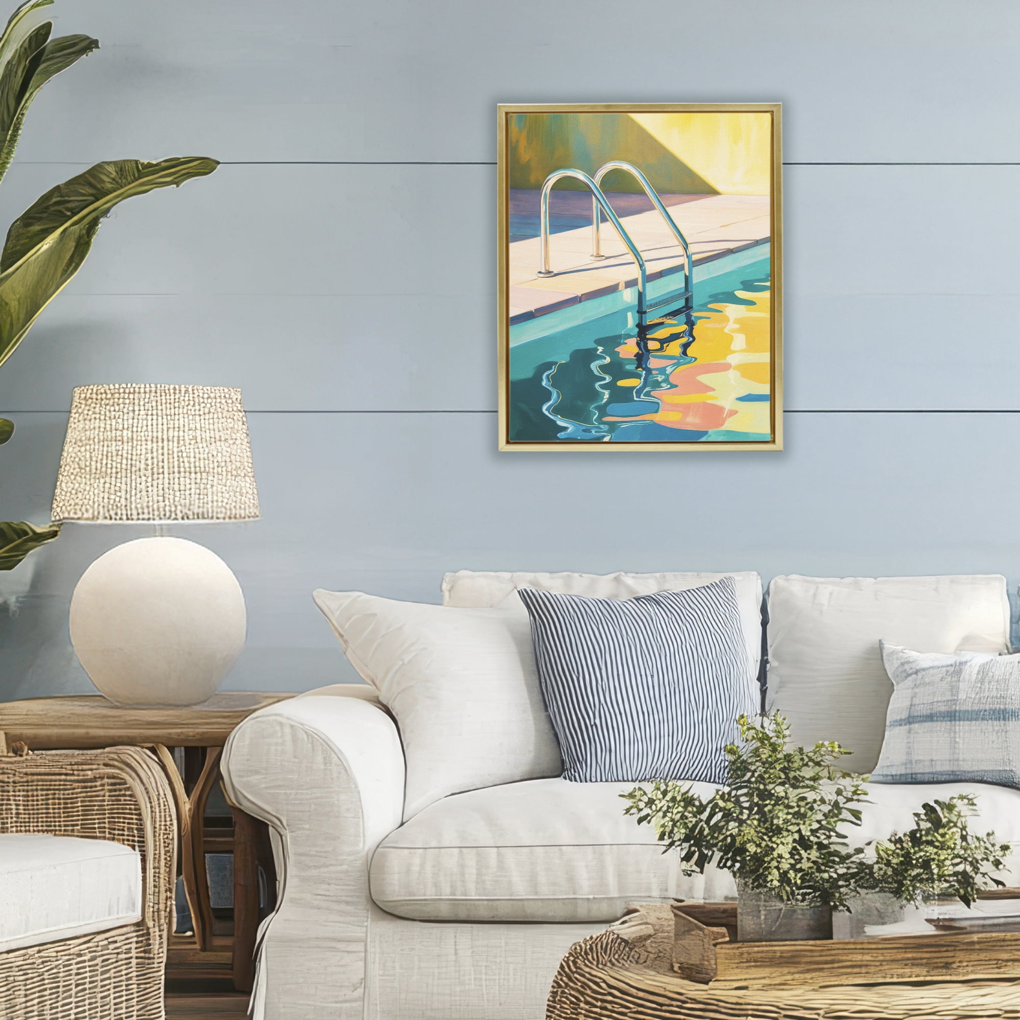 Stupell Industries Pool Ladder At Sunset Gold Framed Floater Canvas Wall Art, design by Andreas Magnusson