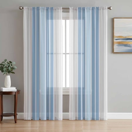 Blue Gray Stripes Semi Sheer Curtains 84 Inch Length 2 Panels Set Contemporary Minimalist Abstract Lines Sheer Kitchen Curtain Privacy Voile Window Curtain for Living Room Bedroom Rod Pocket Drapes