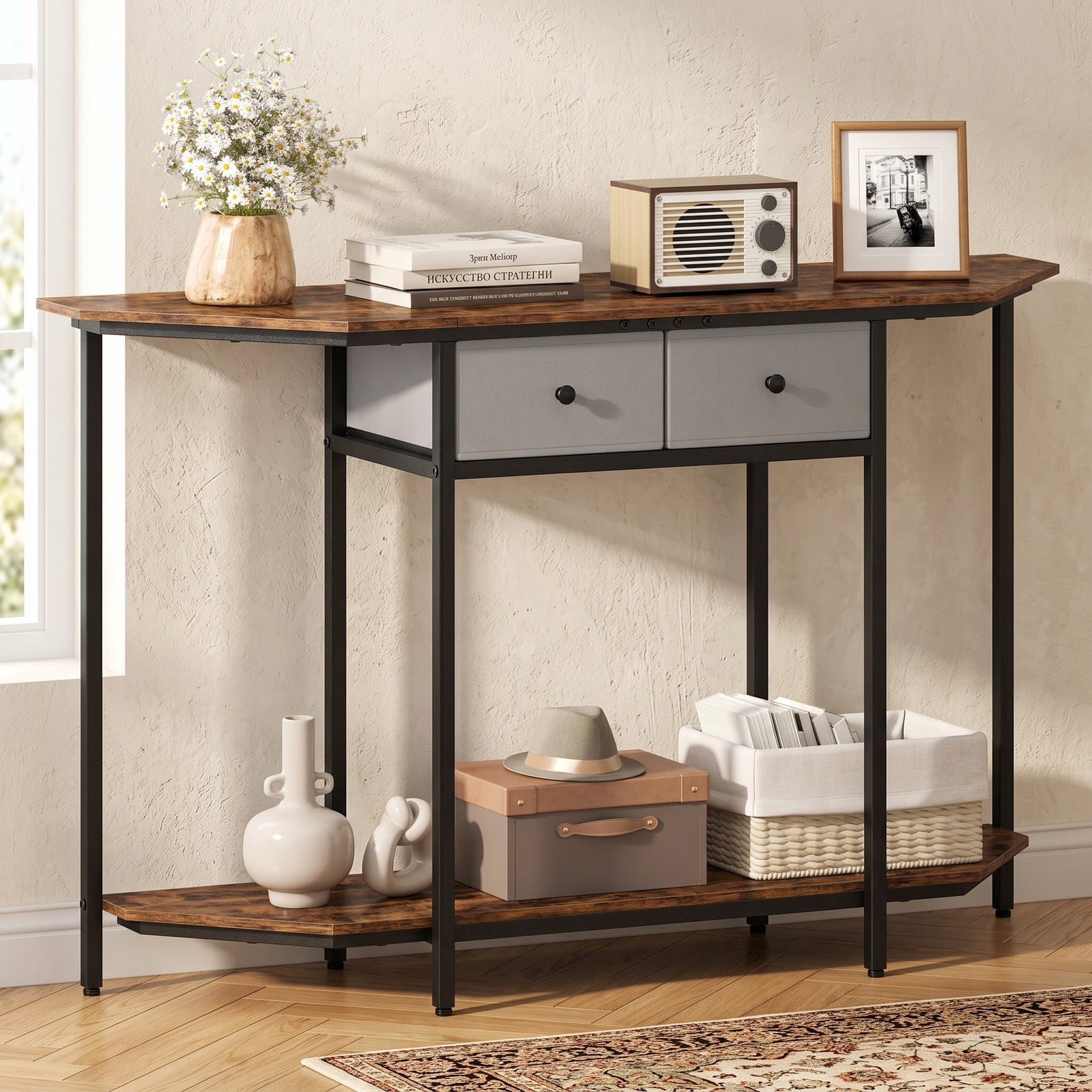 Furnibear Console Table with 2 Drawers and Polygonal Top and Open Storage Shelf and Metal Frame for Entryway, Rustic Brown