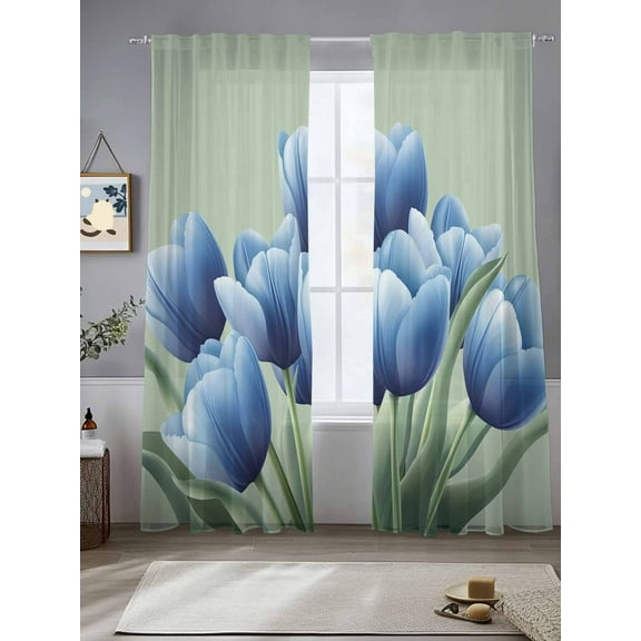 Navy Blue Tulip Sheer Curtains for Living Room Bedroom Chic Elegant Flowers Botanical Sage Green Sheer Curtains 84 Inch Long 2 Panels Set Light Filtering Curtain Window Treatments Drapes