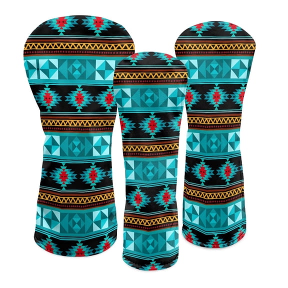 Uorisanigo Golf Club Head Covers - Driver, Fairway #3#5, Hybrid Headgear, Premium Aztec Turquoise Print Headcovers Set Fit Most Clubs, PU Leather Headcovers, Golf Accessories