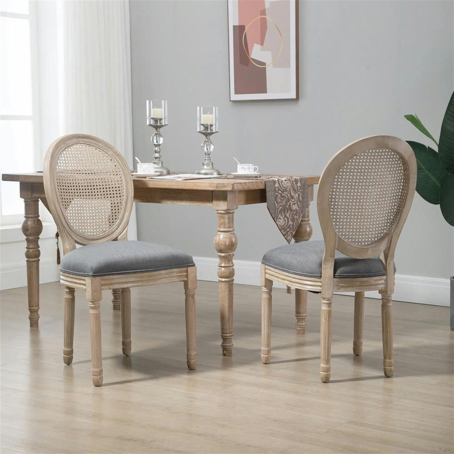 Demi Bonn Dining Chairs Set of 2, French-Style Upholstered Dining Room Chairs with Rattan Backrest and Linen-Touch Upholstery for Kitchen Restaurant, Living Room, Gray