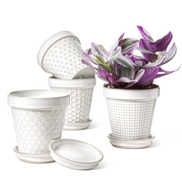 Ceramic Plant Pots, Flower Pots with Drainage Hole & Saucer, Embossed Planter Pots for Indoor Plant Succulent, Orchid, Cactus, Home Decor Set of , Arctic