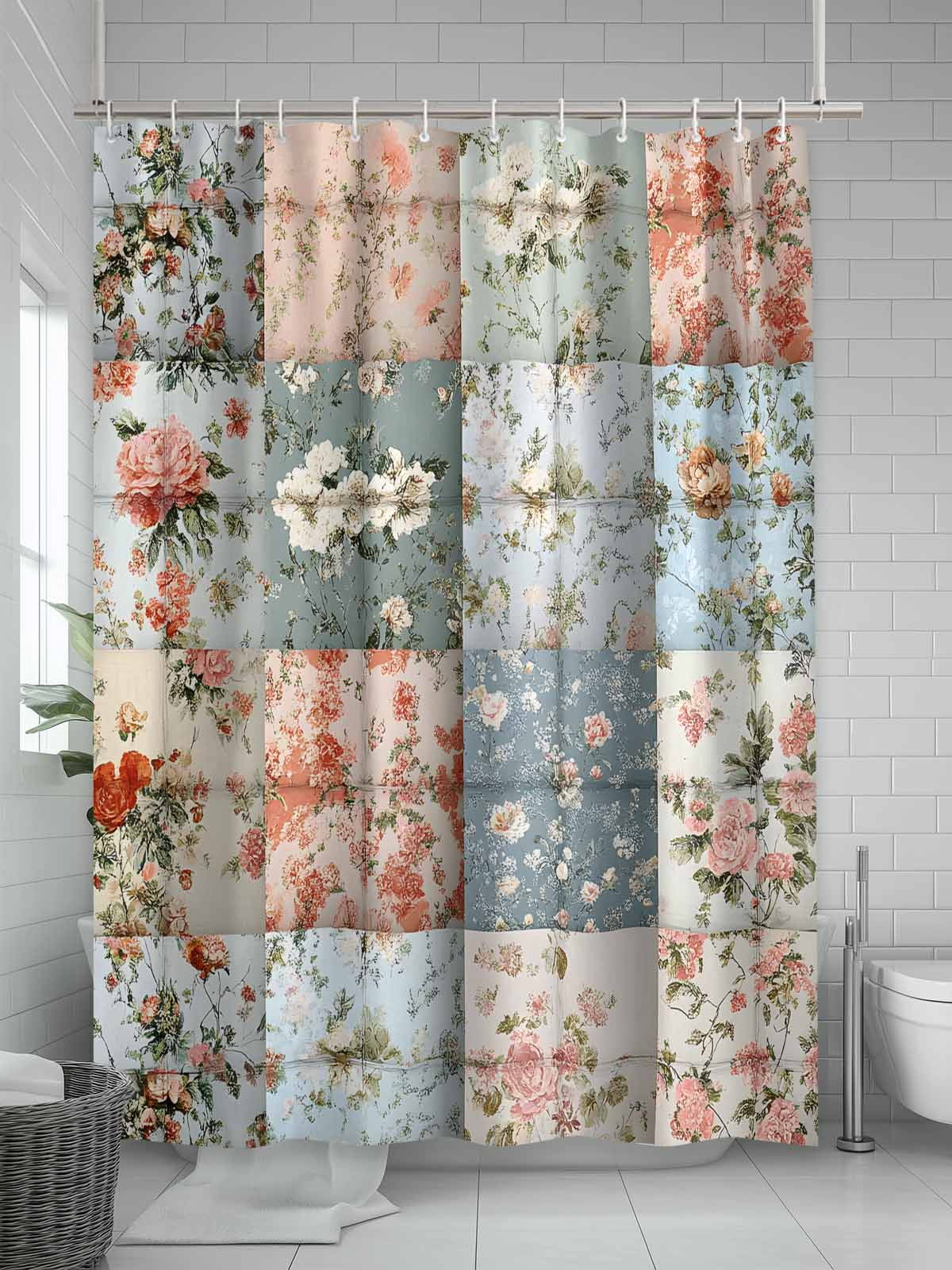 Elegant Spring Floral Extra Long Shower Curtain Set, Waterproof Shower Curtains for Bathroom, Summer Botanical Plaid Farmhouse Washable Fabric Cloth Bath Curtain for Bathtub with Hooks 72x96 Inches