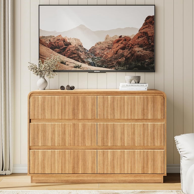 48 inch wide modern dresser Akaber 6 Drawer Dresser for Bedroom, Fluted Tall Dresser 48" Wide Handleless Chest of Drawers with Rounded Corners, Modern Wood Dresser, Organizer