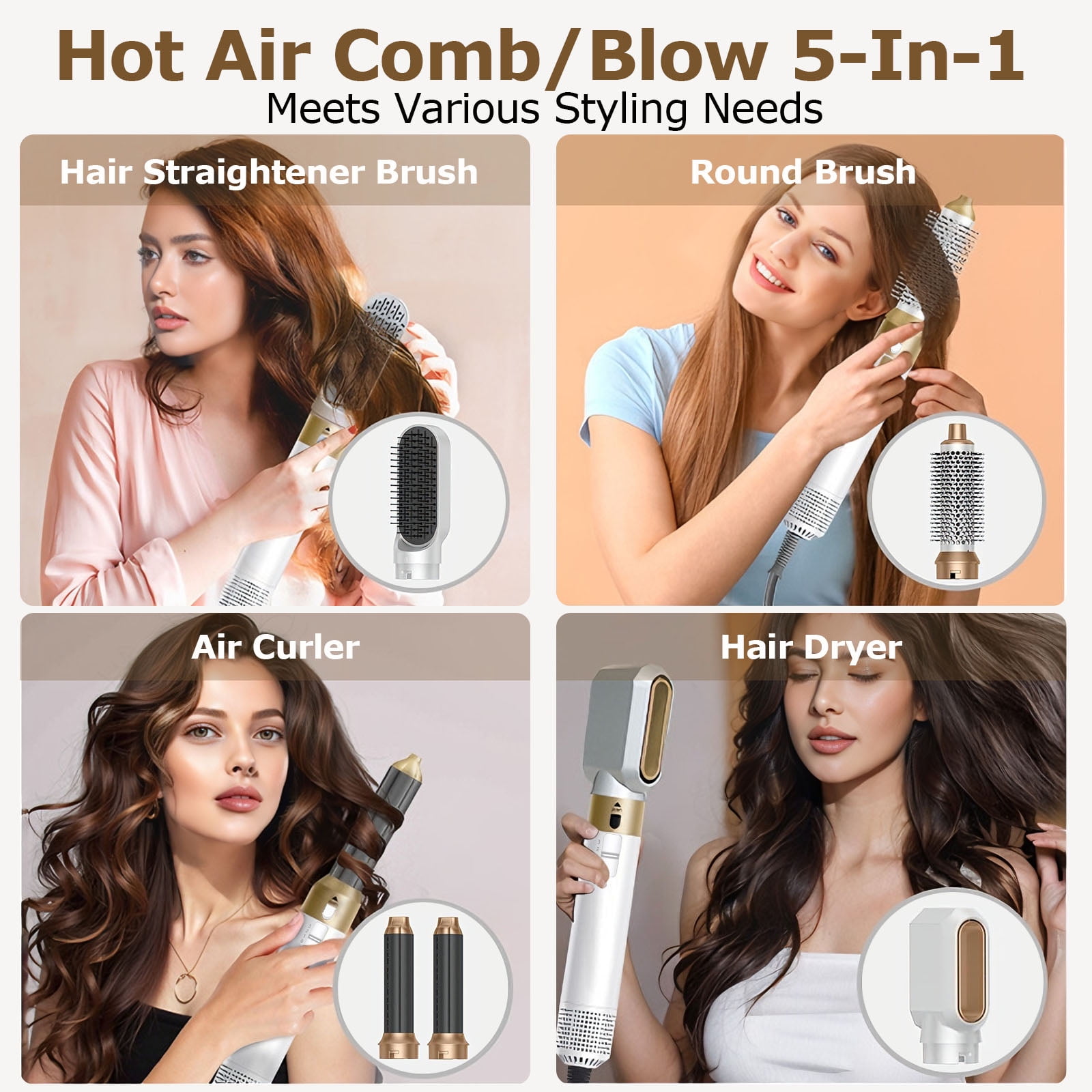 Kisportee Hair Dryer Brush 5 in 1, Negative Ion Blow Dryer Brush Set Upgrade Hot Air Brush Air Styler Curling Wrap Air Curler, Curling Iron Hair Styling Tools for Straight/Curl/Drying/Smoothing