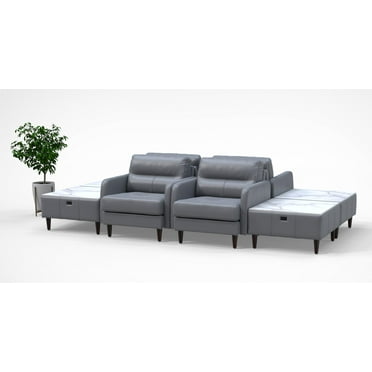 4 Person Lobby Waiting Reception Lounge Chairs Set with Charging Tables Genuine 100% Leather Color Graphite Gray Corporate Offices Commercial Retail Spaces Model 9087 8pc