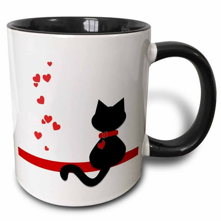 

3dRose Pet Lovers Red Hearts Black Kitty Cat - Two Tone Black Mug 15-ounce