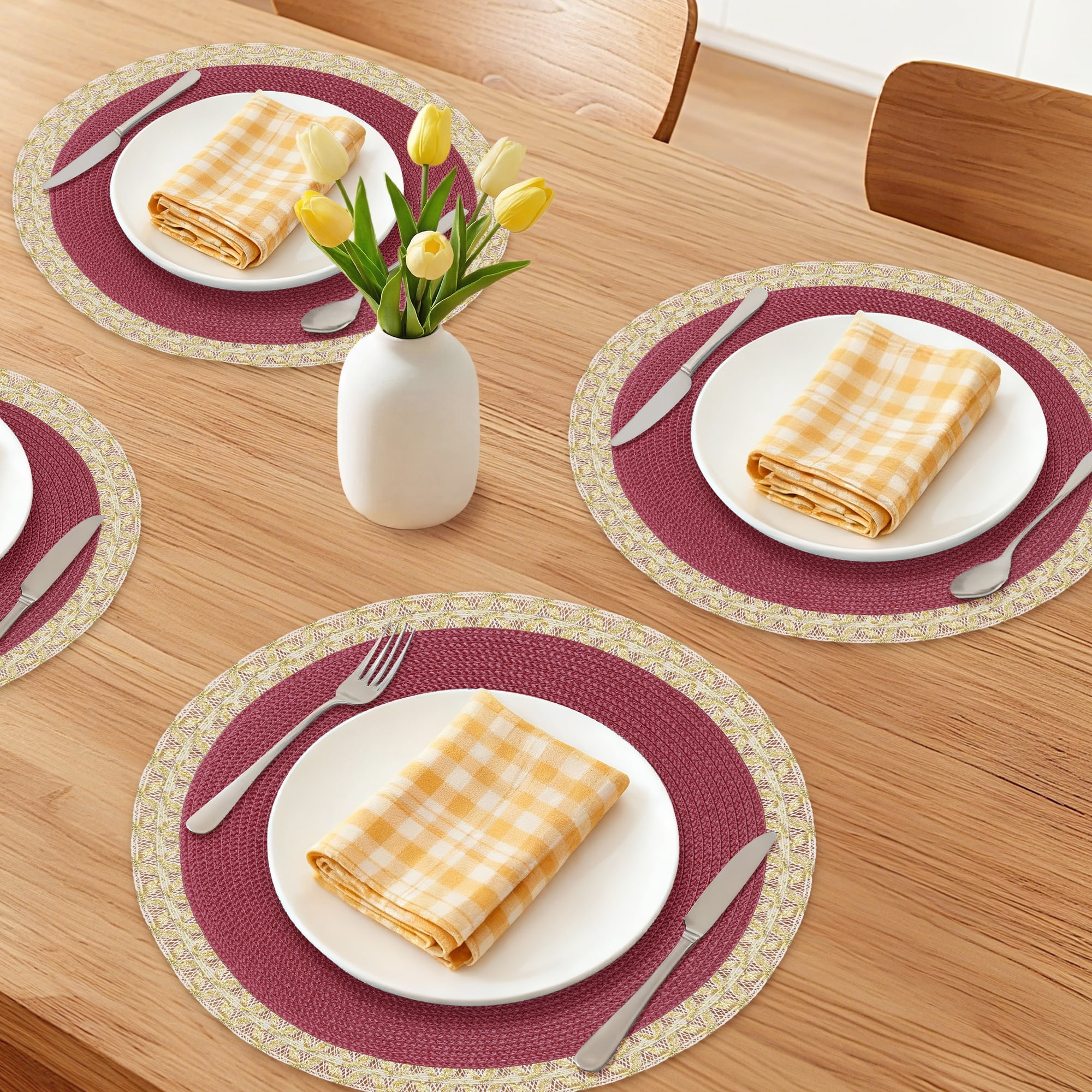 Unique Bargains Rustic Placemats 6 Pack Round Woven Placemats Red 15x15inch