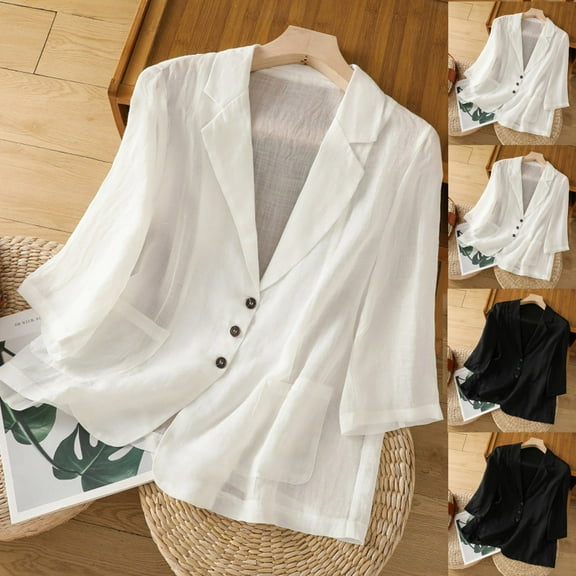 ZZwxWA Women's Casual Blazer Summer 3/4 Length Sleeve Solid Color Lightweight Cardigan Loose Fit Lapel Collar Suit Jackets