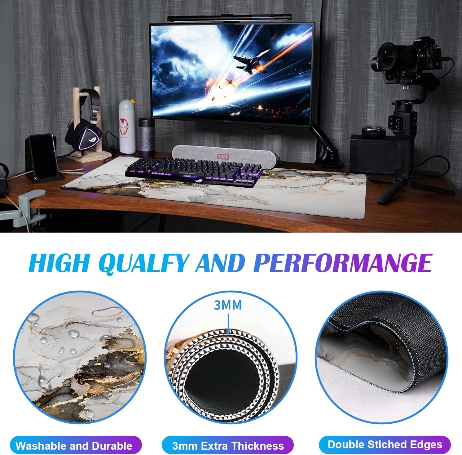 Large Extended Gaming Mouse Pad With Stitched Edges, Non-Slip Waterproof Rubber Base Mouse Pad For Office, Computer, Keyboard, Laptop And Home Desk Pad 35.4 x 15.7 x 0.12 Inch (Black Gold Grey Marble)