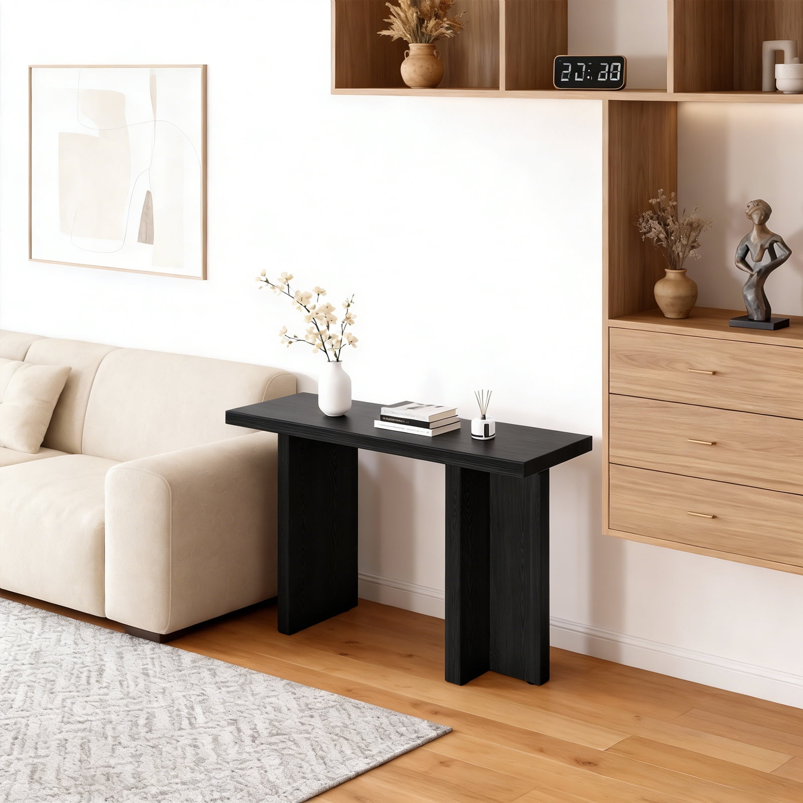 42 Inch Narrow Entryway Console Table, Black Relief 3D Textured MDF Sofa Table with Sturdy T-Shaped Legs, Space Saving Hallway Accent Table for Living Room Foyer