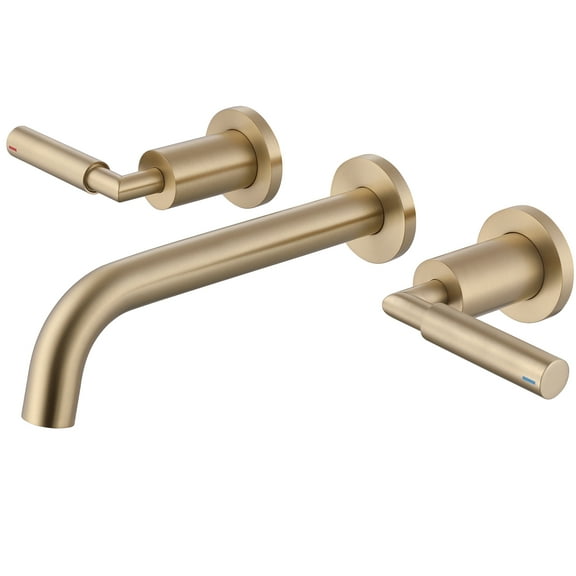 Wall Mounted Bathroom Sink Faucet, Dual Lever Handle Basin Faucet with Drain Assembly