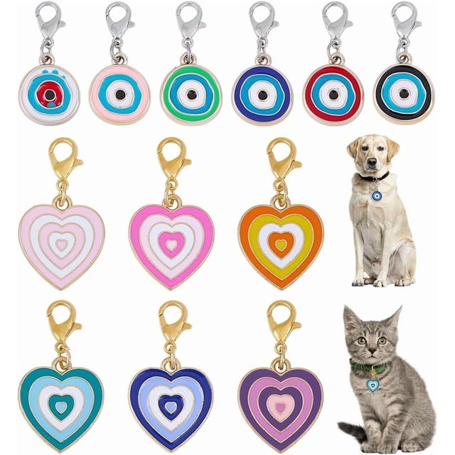 12 colgantes de collar para gato, perro, corazón, aleación de esmalte, colgantes de collar para mascota, accesorio con clip.