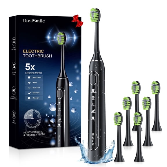 OasiSmile Sonic Electric Toothbrush for Adults and Teens, Travel Rechargeable 42000 VPM Power Tooth Brush with 5 Modes, 90 Days Battery Life, 6 Brush Heads, Black