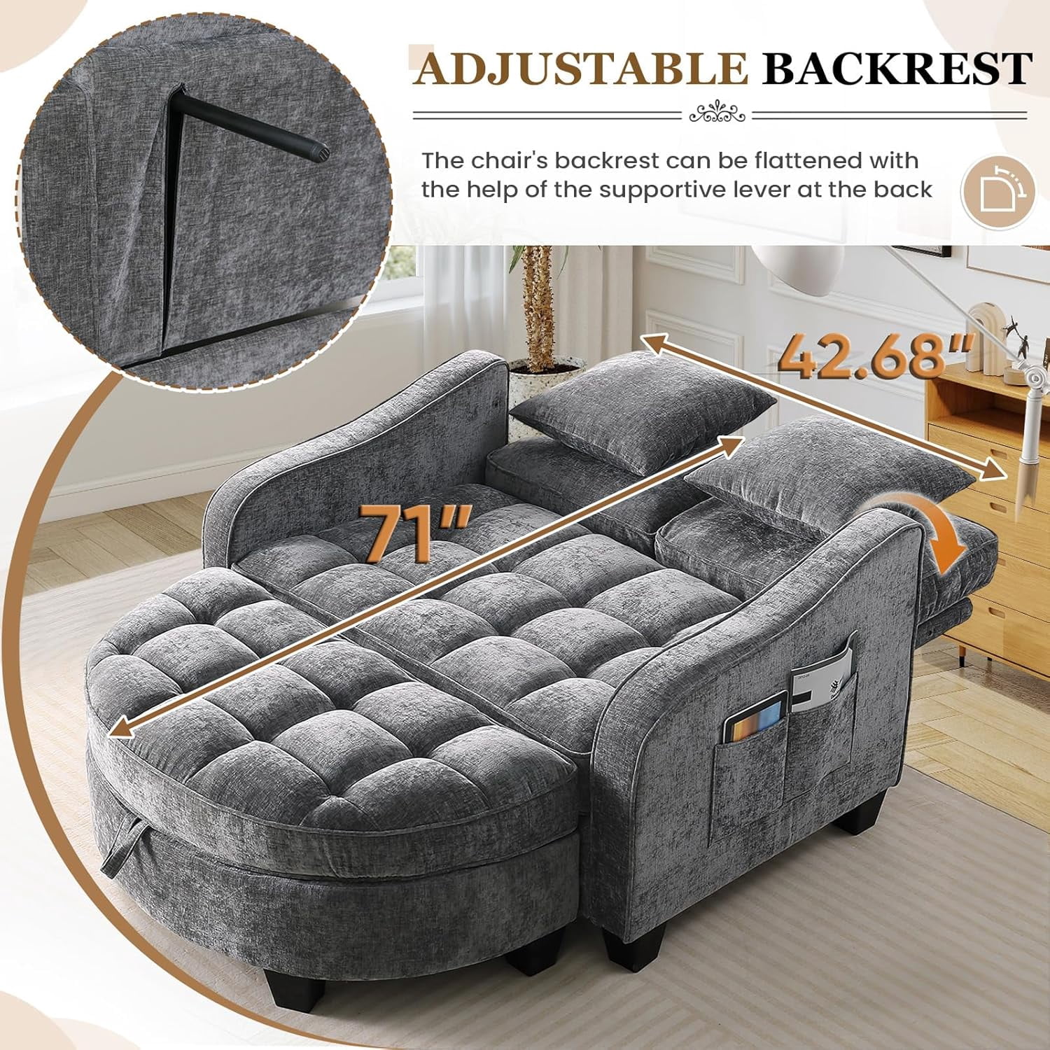 MOONMISS Oversized Chair and A Half, Chenille Tufting Accent Cozy Reading Sofa Chair with Storage Ottoman, Upholstered Loveseat Chaise Lounge Sofa with Adjustable Back for Living Room,Gray