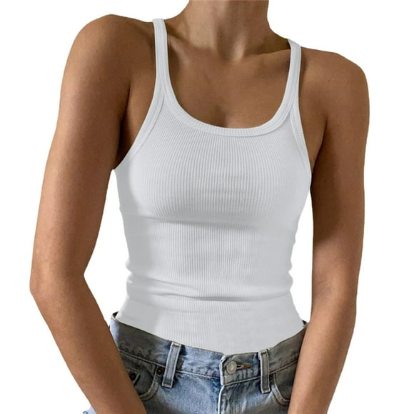 Ketyyh-chn99 Basic Tops Women Y2k Cropped Tops Sleeveless Cami Shirt Slim Solid Ribbed Tank Top White,S