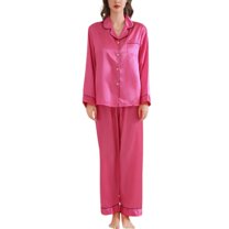 SWSMCLT Women's 2 Piece Pajama Set Satin Cool Spring Silky Pj Set Pajamas Summer Long Sleeve Pant V Neck Fall Rose Large