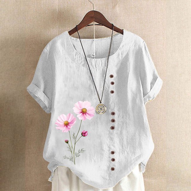Lydiaunistar Hauts d'Été pour Femmes Blouse en Lin Décontractée Col Rond Polyester Mode Grande Taille Manches Courtes T-shirt à Boutons
