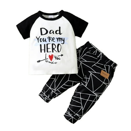 

Kucnuzki 9 Months Baby Boy Summer Outfits Pants Sets 12 Months Short Sleeve Carton Letter Prints Cozy Tops Elastic Cozy Pants 2PCS Set Black