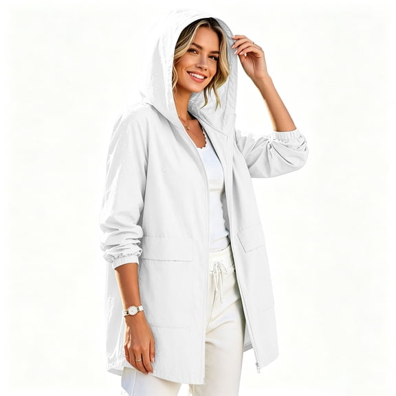 Womens Waterproof Raincoat Lightweight Rain Jacket Trench Coat Hooded Breathable Windbreaker With Pockets for Outdoor Hiking